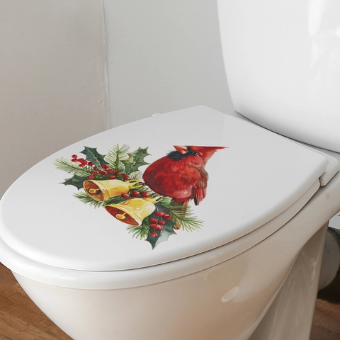 Weihnachts Toilettenaufkleber Abnehmbar PVC Rotkardinal Goldene Glocken Badezimmer Deko Aquarell Festlich Wandtattoo