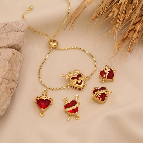 Sacred Heart Armband Roter Strass Verstellbar Kupfer Vergoldet Vintage Schmuck Für Frauen Herz Schwert Flamme