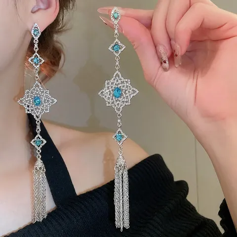 Long Tassel Drop Earrings Blue Stone Rhinestone Hollow Rhombus With 925 Sterling Silver Earring Post Luxury Retro Jewelry