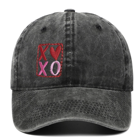 Washed Cotton Baseball Cap Distressed Vintage XOXO Heart Embroidery Curved Brim Adjustable Casual Streetwear For Men Women