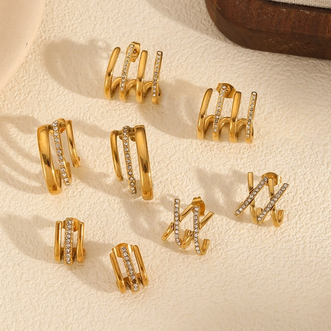 Boucles D Oreilles Creoles Elegantes En Acier Inoxydable Plaque Or 18K Avec Zircone Cubique Geometrique Pour Femmes