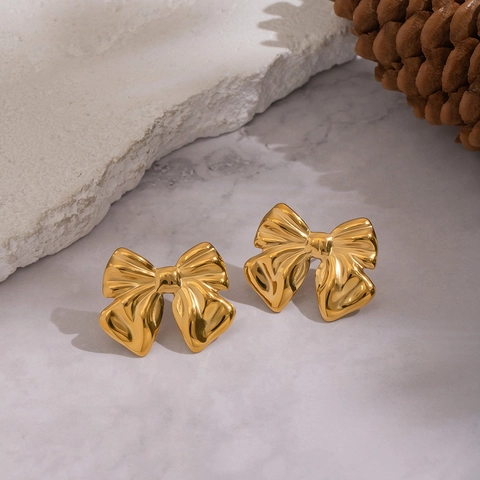 Vintage Bow Tie Stud Earrings 304 Stainless Steel PVD Gold Plated Sweet Elegant Jewelry For Women Waterproof Hypoallergenic