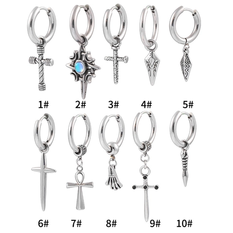Orecchini a Cerchio con Pendente a Croce Spada in Acciaio Inossidabile per Uomo Donna Punk Hip Hop Gotico Vintage Gioielli Piercing