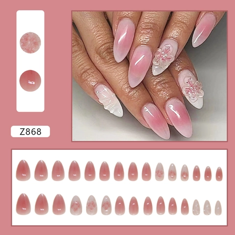 Ongles À Presser Amande Dégradé Rose Motif Fleurs De Pêcher Avec Fleurs 3D En Relief Künstliche Perles Faux Ongles Brillants