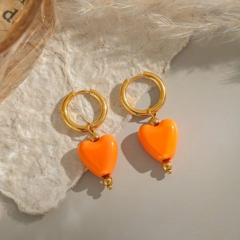 Stainless Steel Heart Hoop Earrings Gold Plated Orange Pendant Waterproof Hypoallergenic Fashion Jewelry For Women