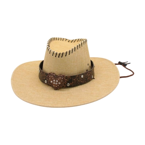 Western Cowboy Hat Wide Brim Breathable Sunshade Retro Heart Rhinestone Buckle Leather Band Windproof Rope Women Men