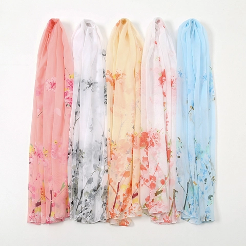 Foulard en Mousseline à Imprimé Floral pour Femme Fin Doux Protection Solaire Écharpe de Plage Mode Motif Botanique Longue Écharpe Accessoires