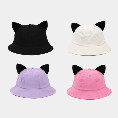 Cute Cat Ears Cotton Bucket Hat Solid Color Sun Protection Outdoor Casual Travel Sun Hat For Women