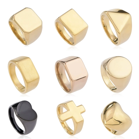 Minimalist Signet Ring Stainless Steel Geometric Polished Brushed Square Rectangle Heart Cross Jewelry For Men Women
