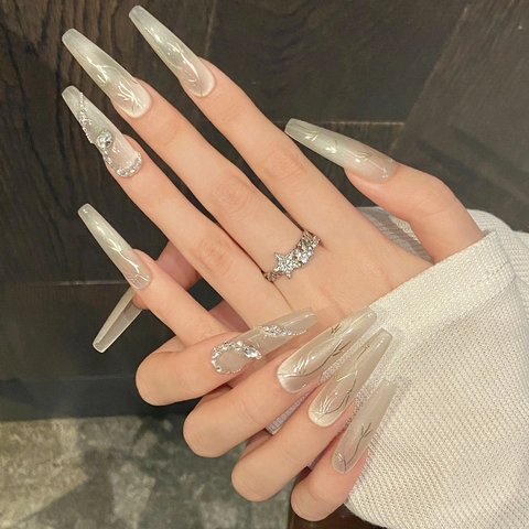 Luxury Retro Chinese Style Handmade Long Coffin Press On Nails Cat Eye Effect Rhinestones Artificial Pearls Line Art