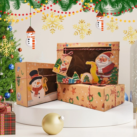 Christmas Kraft Paper Gift Boxes With Clear Window Gingerbread Cookie Candy Packaging Santa Snowman Design Rope Tags