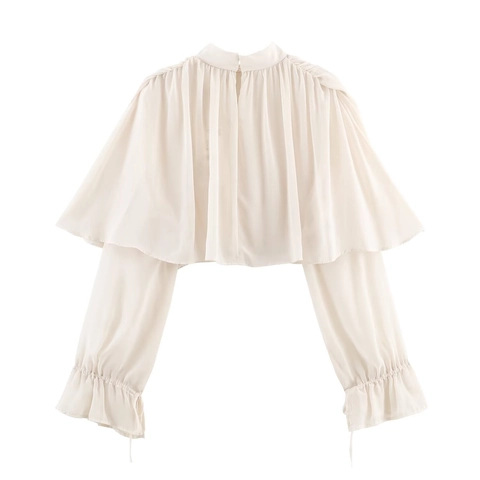 Damen Chiffon Bluse Halber Stehkragen Rüschen Cape Lagenlaterne Langarm Elegant Einfarbig Oberteil