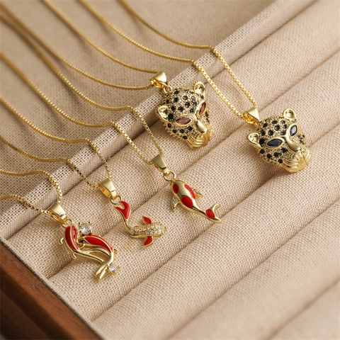 Panther Leopard Head Koi Fish Pendant Necklace Copper With Rhinestone Enamel Animal Jewelry For Men Women