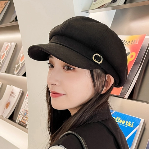 Women Retro Octagonal Hat British Japanese Style Newsboy Cap Solid Color Acrylic Flat Hat With Metal Buckle For Winter