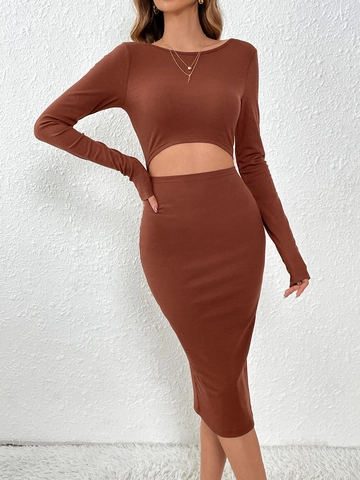 Vestido De Punto Acanalado Color Sólido Manga Larga Cuello Redondo Ajustado Bodycon Abertura Cintura Estilo Sexy Hot Girl Para Mujeres