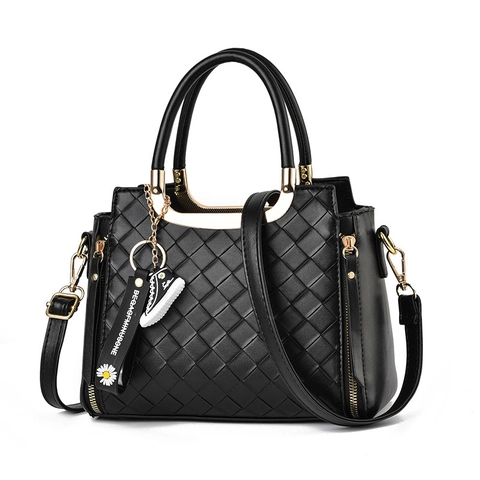Women Quilted Handbag PU Leather Woven Texture Top Handle Bag With Sneaker Daisy Pendant Large Capacity Streetwear