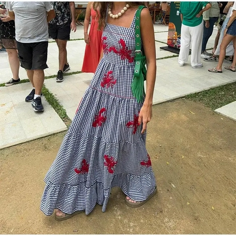 Abito Midi A Quadri Gingham Ricamo Aragosta Rossa Cami Senza Maniche Gonna A Balze Per Donne