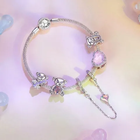 Charm de Oso de Plata de Ley 925 I Love U Corazón Nano Ópalo Diamantes de Imitación Colgante para Pulsera DIY Regalo de San Valentín Joyería de Mujer