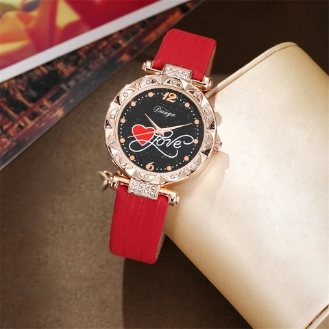 Women Fashion Quartz Watch Rhinestone Heart Dial Faux Leather Strap Casual Retro Necklace Bracelet Earrings Ring