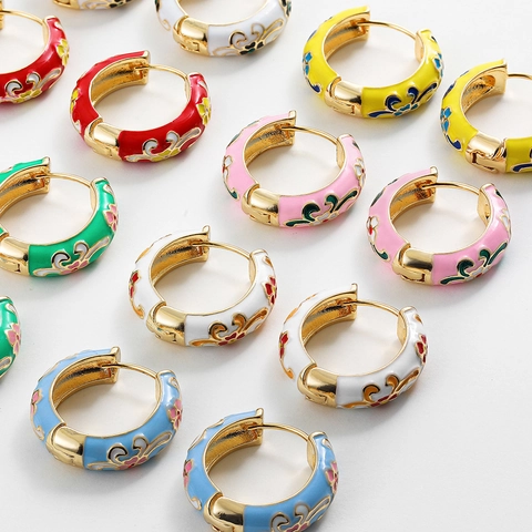 Chinese Style Floral Hoop Earrings Copper Colorful Enamel Retro Round Ear Buckles Vintage Jewelry Women