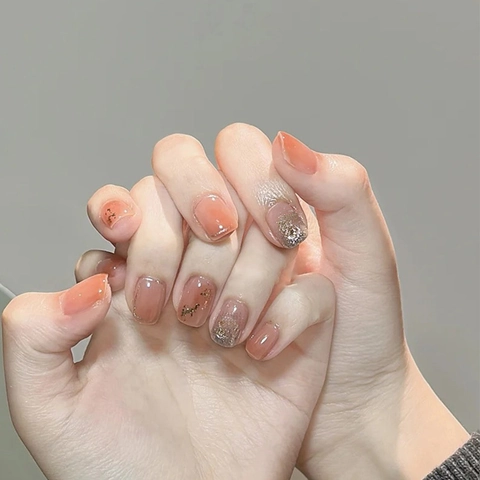Pink Blush Heart Press On Nails With Glue Glitter Short Square Round Glossy Artificial Fingernails