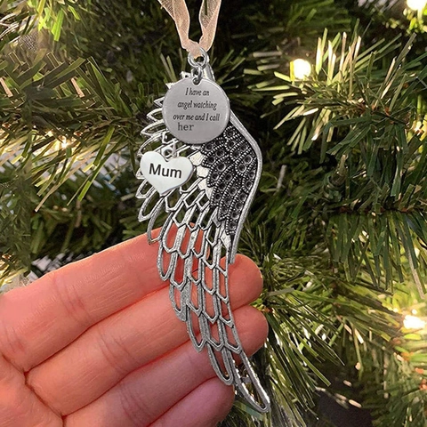Ornement Suspendu Ailes Ange Commémoratif Alliage Métal Étiquette Cœur Inscrit Décoration Sapin Noël Vintage Rétro Argent