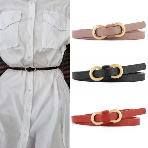 Cintura Sottile In Pelle PU Da Donna Cinturino In Vita Alla Moda Con Fibbia In Lega A Doppio Anello Dorato Versatile Semplice Per Jeans Abiti