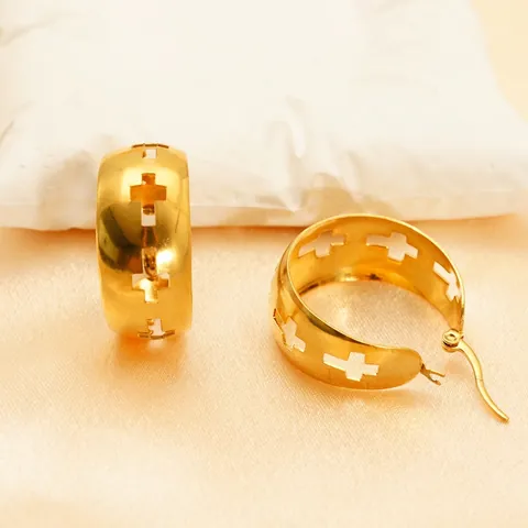 Vintage Hoop Earrings 18K Gold Plated Stainless Steel Hollow Cross Pattern Geometric Fashion Jewelry For Women