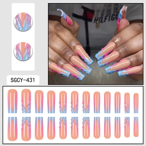 Uñas Postizas Press On Con Relieve 3D Degradado Francés Forma De Ataúd Largo Rosa Azul Para Mujeres