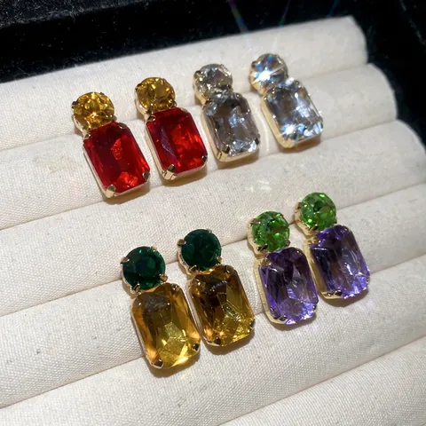 Geometric Round Square Crystal Stud Earrings With Silver Earring Post Retro Trendy Accessory For Women