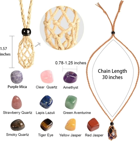 Collar Con Colgante De Piedra De Cristal Natural Bolsa De Red Tejida A Mano Cuerda Ajustable Joyas Boho Unisex