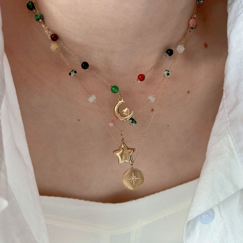 Collar con Colgante de Estrella y Luna de Acero Inoxidable Vintage para Mujer Joyería Celestial de Diamantes de Imitación de Piedra Natural Chapada en Oro