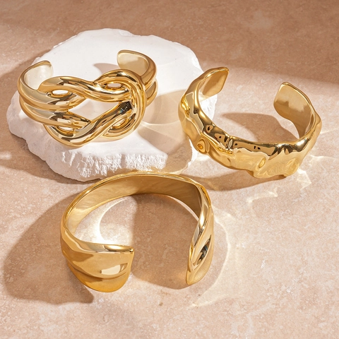 Irregular Geometric Open Cuff Bracelet For Women Acrylic Polished Metallic Twisted Knot Liquid Metal Texture Jewelry