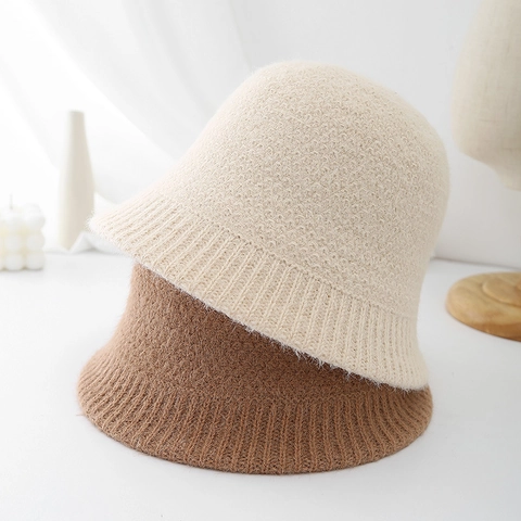 Women Faux Fur Knit Bucket Hat Warm Ear Protection Winter Solid Color Korean Style Cloche Hat
