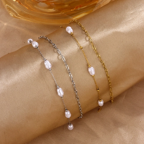 Double Layer Titanium Steel Bracelet With Artificial Pearl 18K Gold Plated Luxury Elegant Chain Hand Jewelry For Women