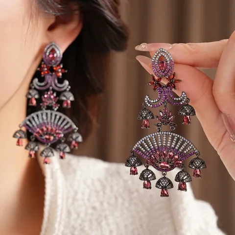 Vintage Fan Shaped Drop Earrings With Zircon Red Pink Copper And Silver Earring Post Bohemian Ethnic Luxury For Women