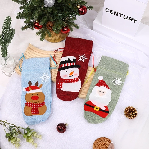 Copri Bottiglia Di Vino Di Natale Sacchetti Regalo In Lino Coulisse Cartone Animato Babbo Natale Pupazzo Di Neve Renna Tavola Festa