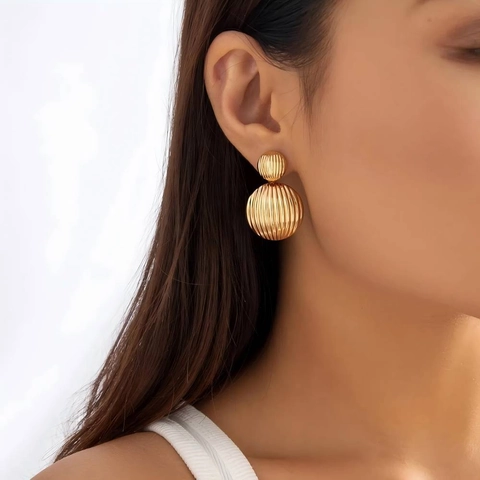 Geometric Double Ball Stud Earrings Stainless Steel Ribbed Striped Texture Lantern Shape Retro Jewelry For Women