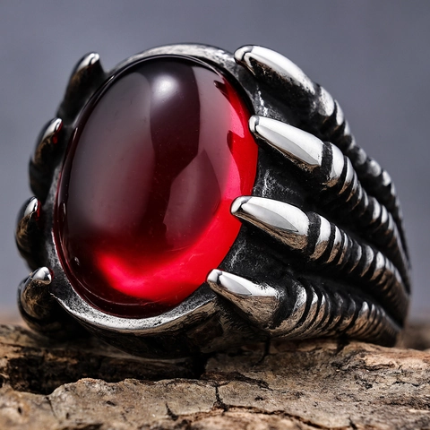 Bague Griffe De Dragon Acier Inoxydable 316L Avec Pierre Gemme Rouge Noire Style Gothique Punk Bijoux Hommes Unisex