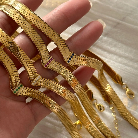 Vintage V Shape Herringbone Chain Necklace For Women 18K Gold Plated Stainless Steel Mirror Polished Zircon Jewelry
