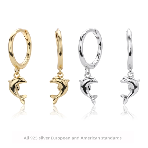 925 Sterling Silver Dolphin Hoop Earrings Minimalist Animal Pendant Drop Earrings Gold Silver Plated Jewelry For Women Gift