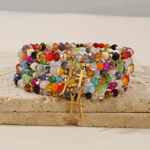 Perlenarmband Bunte Facettierte Kristall Mit Goldenem Legierungskreuz Anhänger Taufe Geschenkkarte Religiöser Schmuck