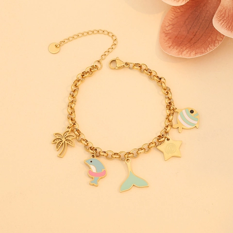 Stainless Steel Enamel Charm Bracelet Butterfly Star Dolphin Marine Theme Jewelry For Women Girls Trendy Summer Style