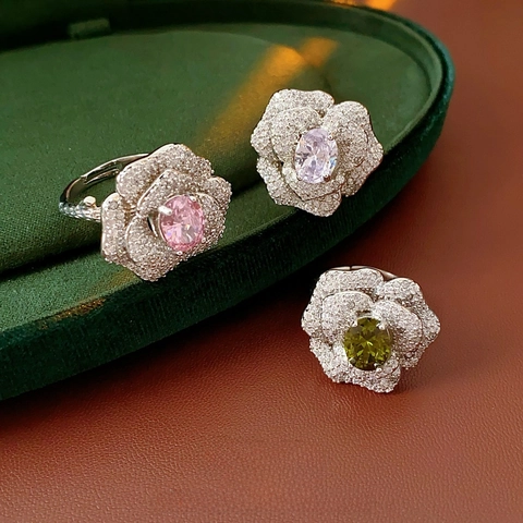 Roos Bloem Open Ring Koper Met Glinsterende Zirconia Ovale Edelsteen Verstelbare Elegante Luxe Sieraden Voor Dames