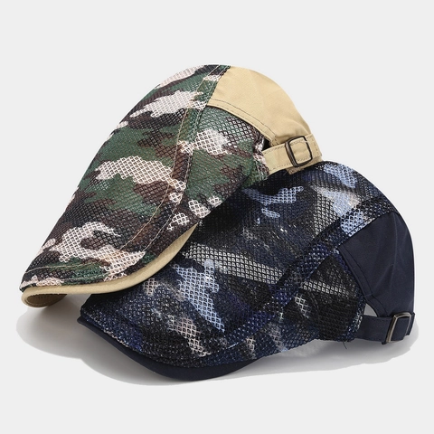 Camouflage Mesh Flat Cap Ademend Katoen Polyester Verstelbare Baret Voor Heren Dames Outdoor Zonbescherming