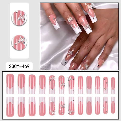 Lange Coffin Franse Tip Press On Nagels Elegante Kunstnagels Met Legering Vlinder En Steentjes Voor Dames