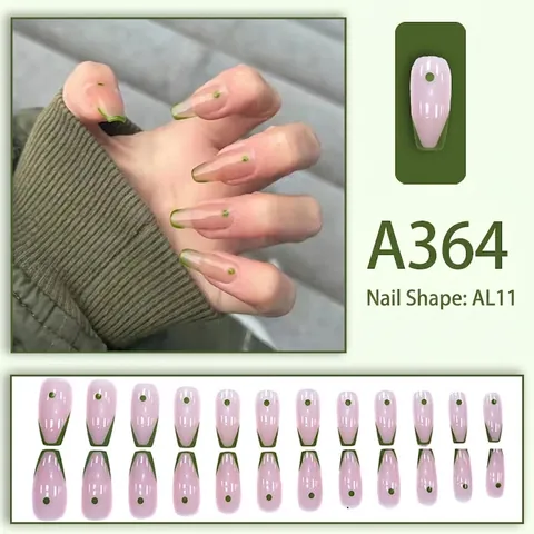 French Tip Press On Nails Grüne Punkte Lange Trapezform Künstliche Fingernägel Set Süß Einfach Abnehmbar