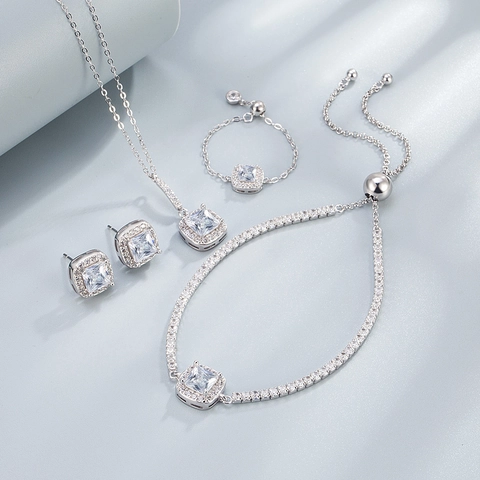 925 Sterling Silver Jewelry Set For Women Square Pink White Rhinestone Necklace Earrings Ring Bracelet Fashion Jewelry