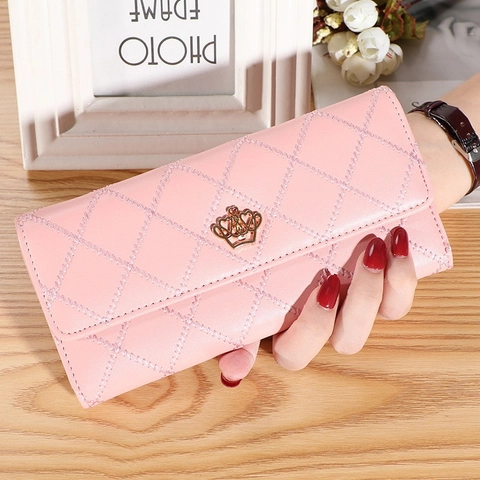 Lange Dames Portemonnee Gewatteerd PU Leer Drievoudig Clutch Met Metalen Kroongesp Elegant Mode Tas