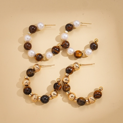 Tiger's Eye Stone C Shaped Hoop Earrings With 925 Sterling Silver Earring Post Faux Artificial Pearl Copper Beads For Women